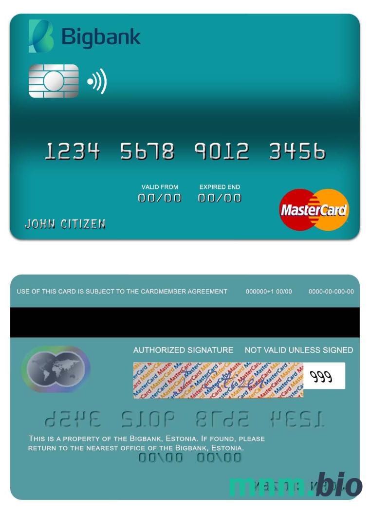 Estonia Bigbank przykład karty mastercard w formacie PSD